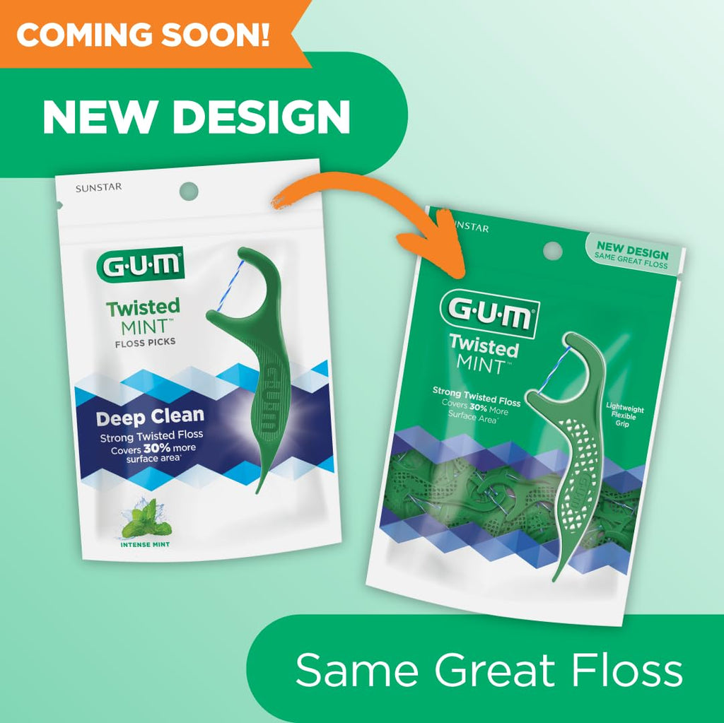 GUM Twisted Mint Floss Picks - Twisted Threads, Shred-Resistant Floss, Easy Grip Handle, 150 Count (Pack of 4)
