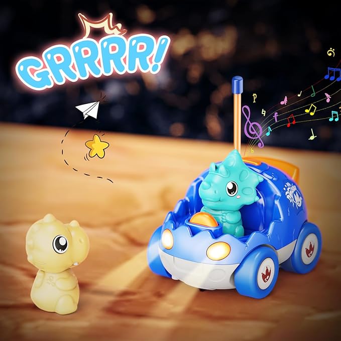 2 Pack Dinosaur Remote Control Cars Toys for Kids 2 3 4 5 6 Years Old, Christmas Birthday Gifts for Boys and Girls Ages 2-6, Dino Race Car Toddlers Toys with Music and Light(Red Blue)