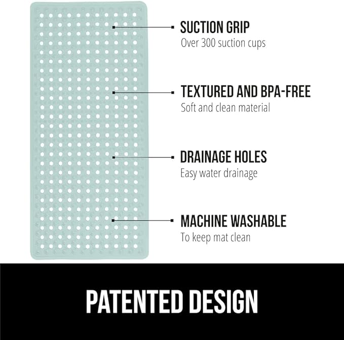 GORILLA GRIP Patented Bath Tub Shower Mat, Machine Washable Bathtub Floor Liner Mats, Suction Cups and Drain Holes to Keep Tubs Clean, Soft on Feet, Bathroom Essentials, 35x16 Inch, Mint Opaque