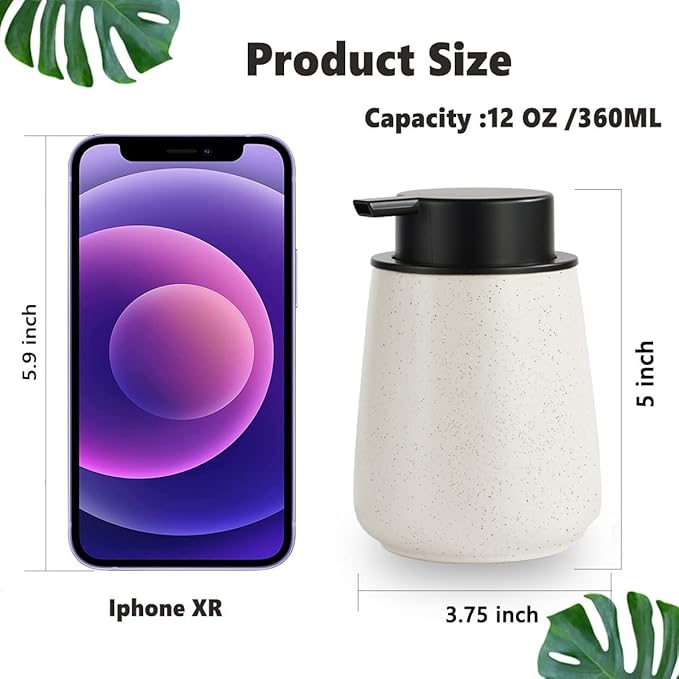 12Oz Foaming Soap Dispenser - Ceramic Foam Hand Soap Dispenser with Easy-to-Press Black Pump, Reusable and Refillable Lotion Dish Soap Dispensers for Bathroom & Kitchen, Speckled Matte Beige