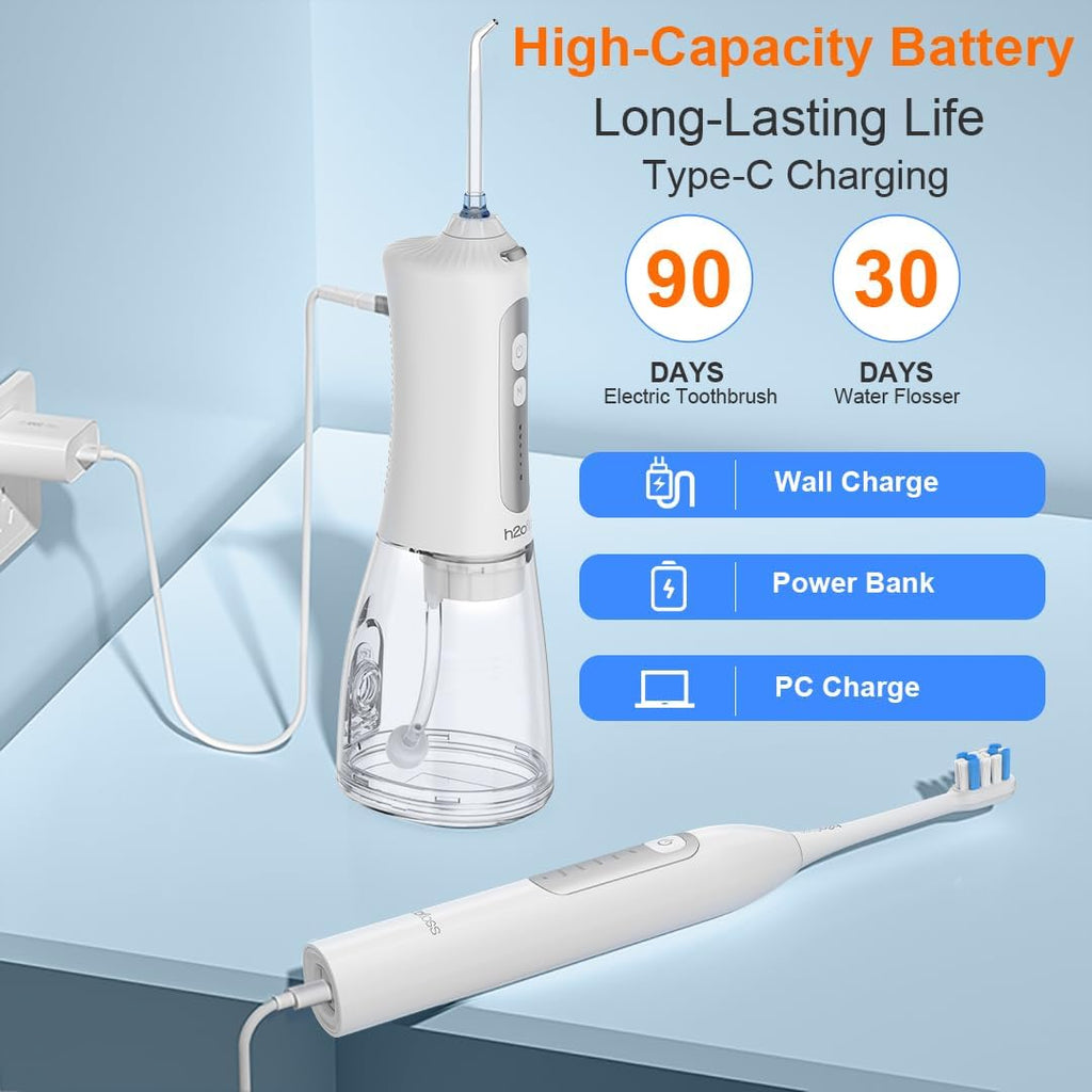 H2ofloss Sonic Electric Toothbrush and Water Flosser Combo, Rechargeable 2000mAh Toothbrush and 2500mAh Oral Irrigator with 300ml Tank, 4 Brush Heads, 5 Nozzles, 2 in 1 for Home and Travel (White)