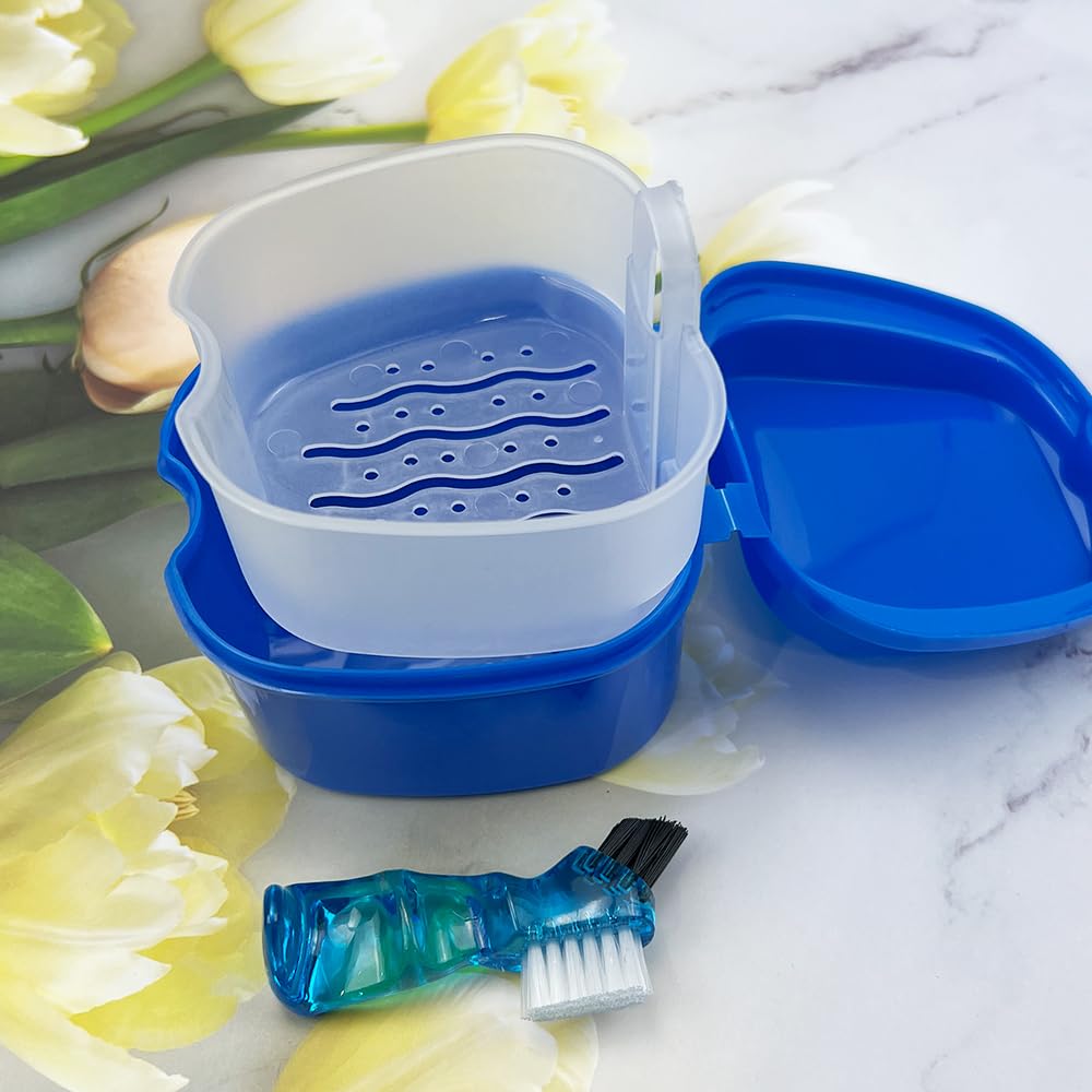 2pcs Denture Bath Retainer Case, Dentaure Cups for Soaking Dentures with Strainer Basket Tray,Compact and Pportable Design, Suitable for Traveling (Pink+White)