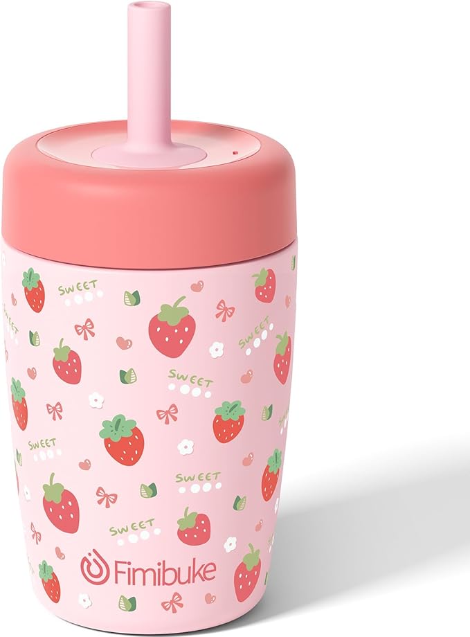 Fimibuke Kids & Toddler Cups Spill Proof, 12 OZ Insulated Sippy Cups for Toddlers Boys Girls, BPA-Free Toddler Straw Tumbler, Stainless Steel Kids Water Bottle with Twist Lids & Silicone Straw, 1 Pack