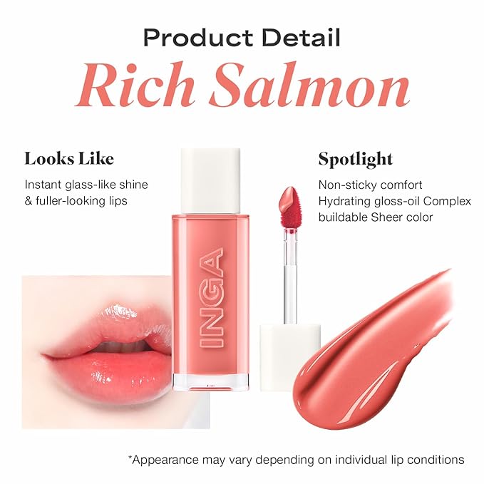INGA Water Glow Lip Tint | Hydrating, Glossy Korean Lip Tint with Sheer Color & Glass-Like Shine | Long-Lasting, Non-Sticky Korean Lip Stain (RICH SALMON)