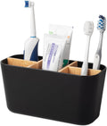 Toothbrush Holders for Bathrooms, Bamboo Tooth Brush Holder with 5 Slots Bathroom Vanity Organizer Countertop for Electric Toothbrushes, Toothpaste, Razors - Black