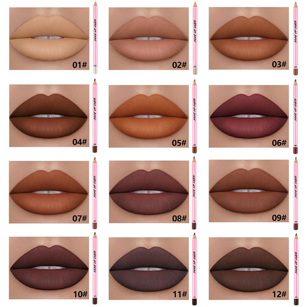 12Pcs Lip Liner Pencil Set - Matte Lip Combo for Women, Waterproof & Smudgeproof, Precise Lip Shaping & Sculpting, Includes Sharpener, Assorted Colors Set B