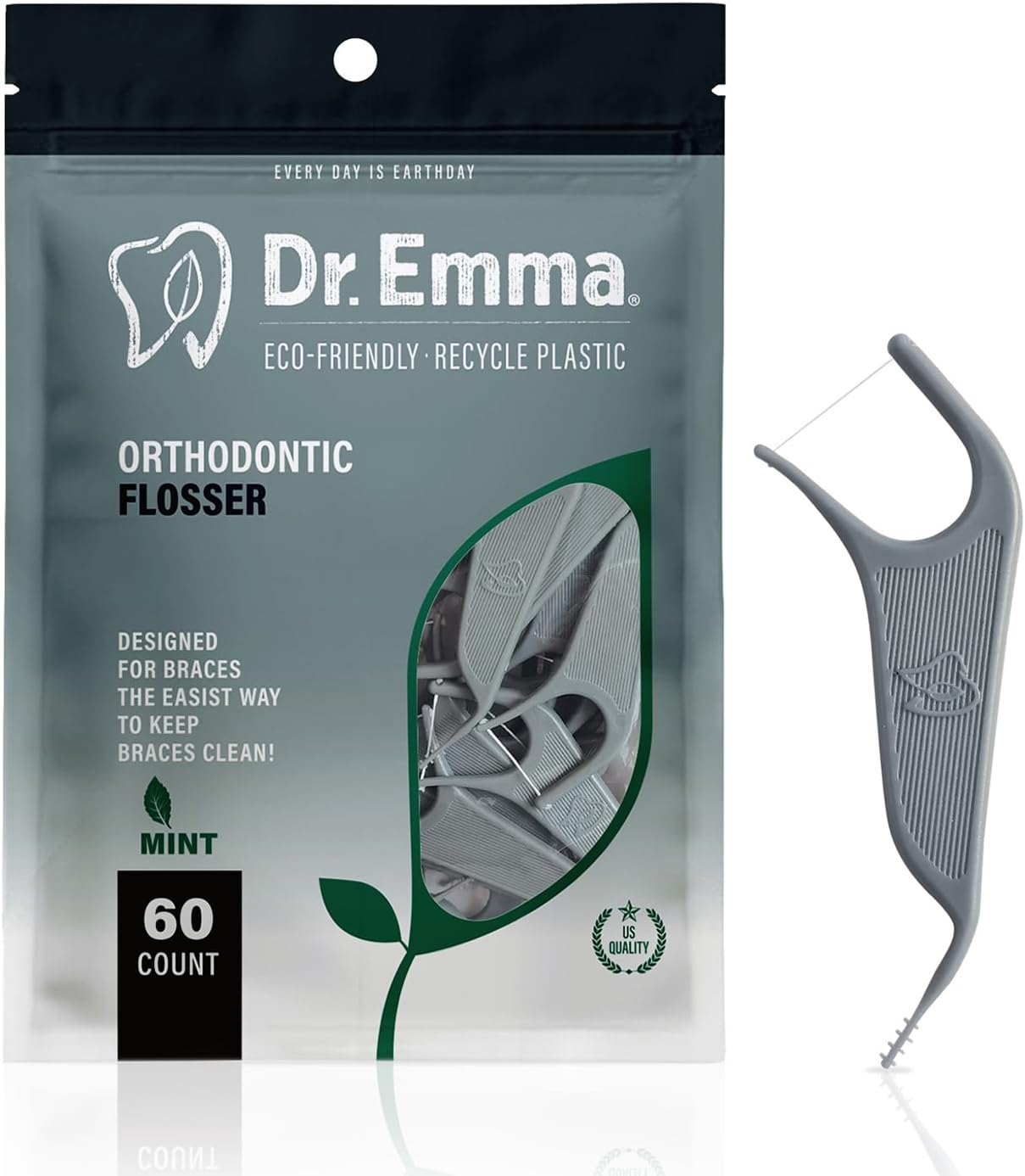 Dr. Emma Orthodontic Flossers for Braces, Ortho Dental Floss Picks, Mint Flavor 60 Count/Bag, Gray, 1 Pack