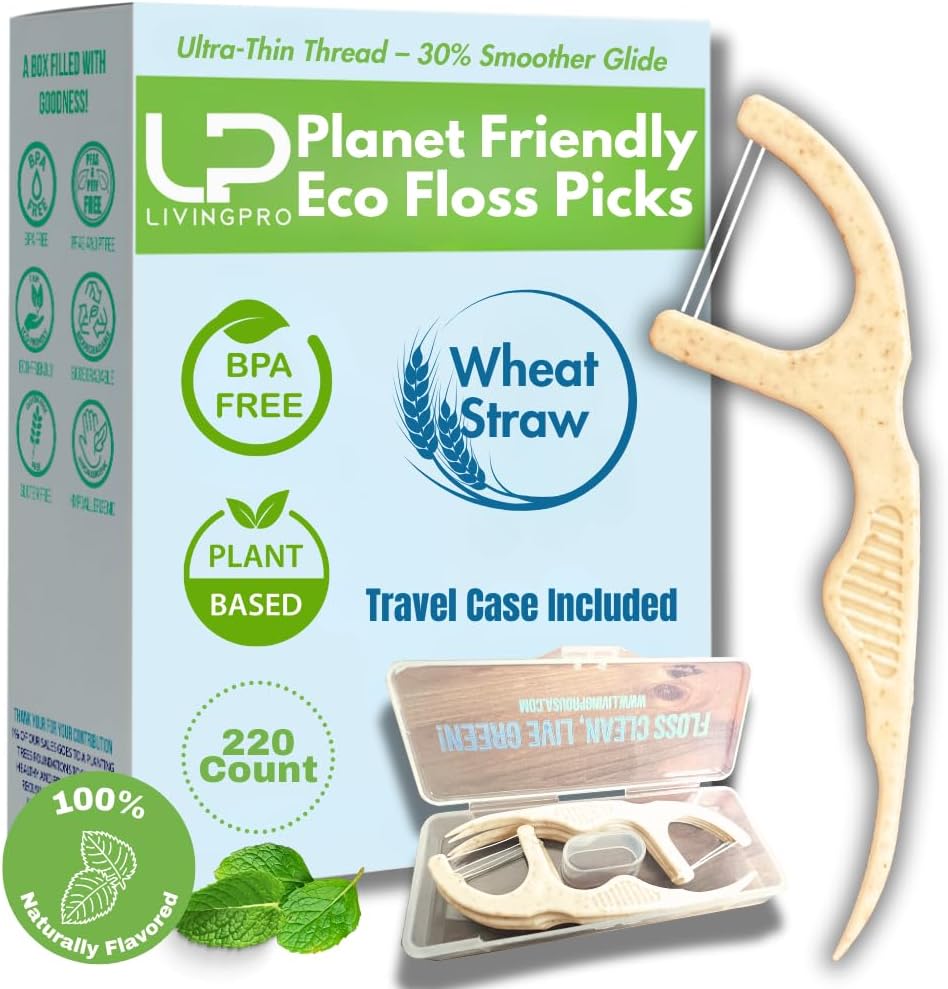Twin Line Biodegradable Floss Picks (220 Count) - Compostable Tooth Flossers Minty Fresh-Double Thread 2X The Clean | Bonus Travel Case | Thing Thread Glide Easy & Shred-Resistant