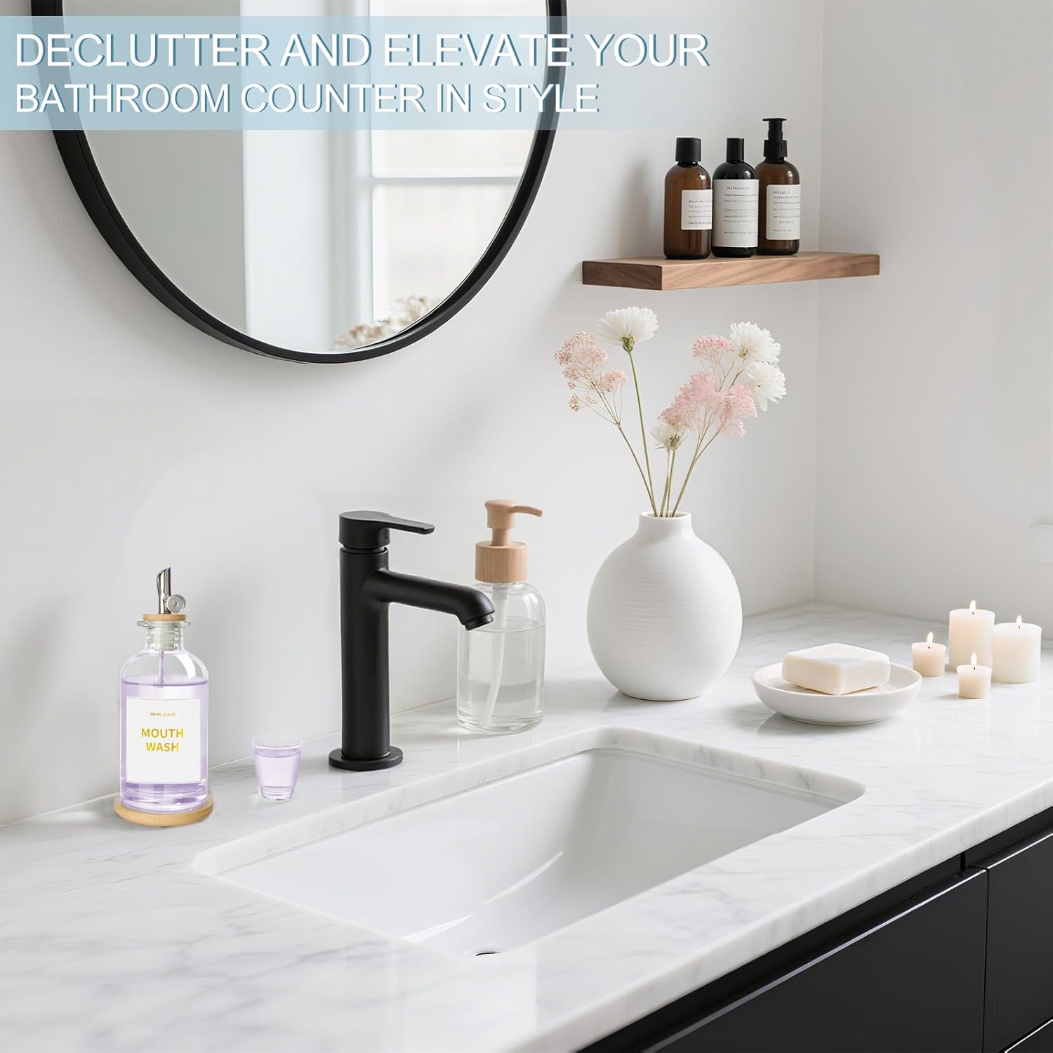 RELBRO Glass Mouthwash Dispenser for Bathroom, 11.8 OZ Refillable Mouthwash Container with Cup, Auto Pour Spout, Bamboo Tray, Funnel, Stickers, Clear, 1 Pcs