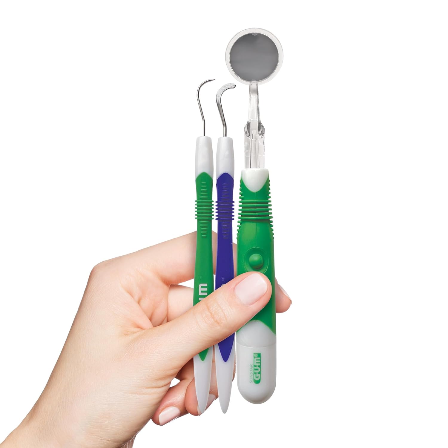 GUM Oral Care Dental Cleaning Kit, Dental Mirror with Light, Explorer Pick, and Dental Scaler, Professional Quality Stainless Steel Dental Tools, Easy-Grip Handle (Pack of 1)
