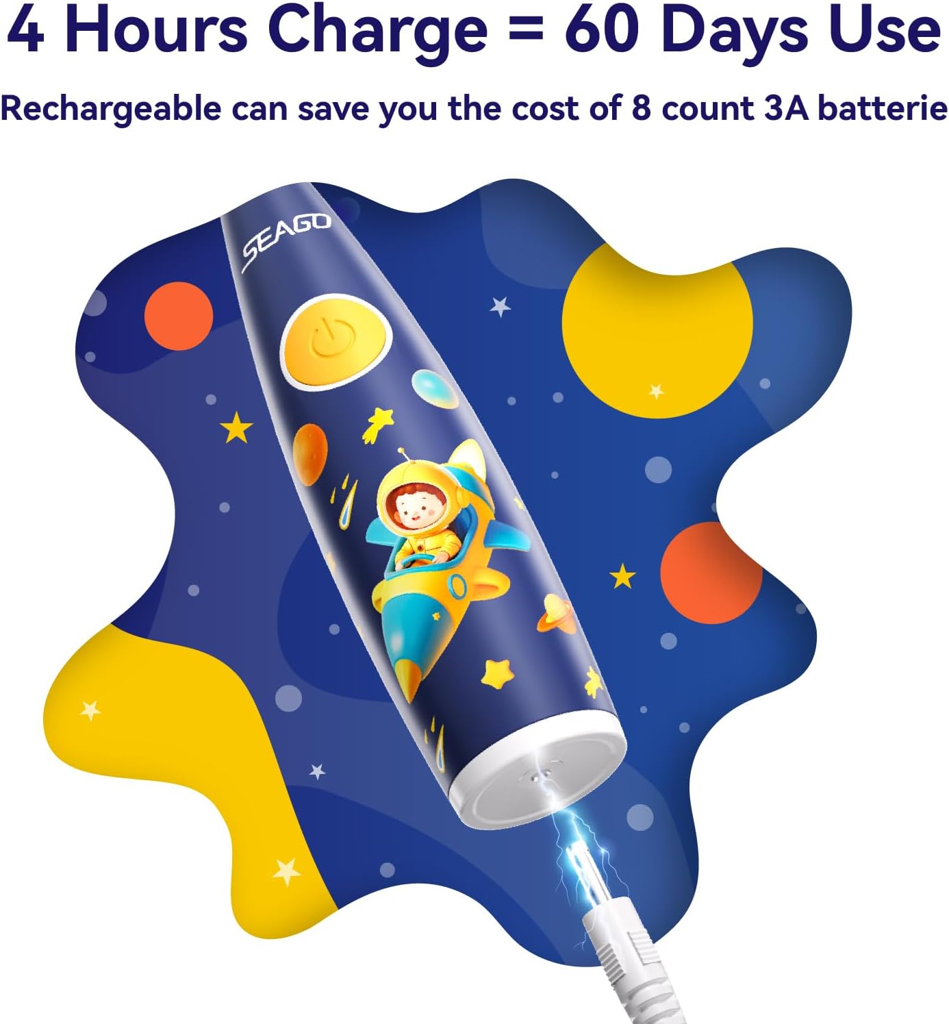 SEAGO Kids Electric Toothbrush Rechargeable with Smart Timer, LED Observing Light & DIY Stickers for Toddlers Ages 2-4, Soft Bristles for Oral Care, USB Charging (Blue)