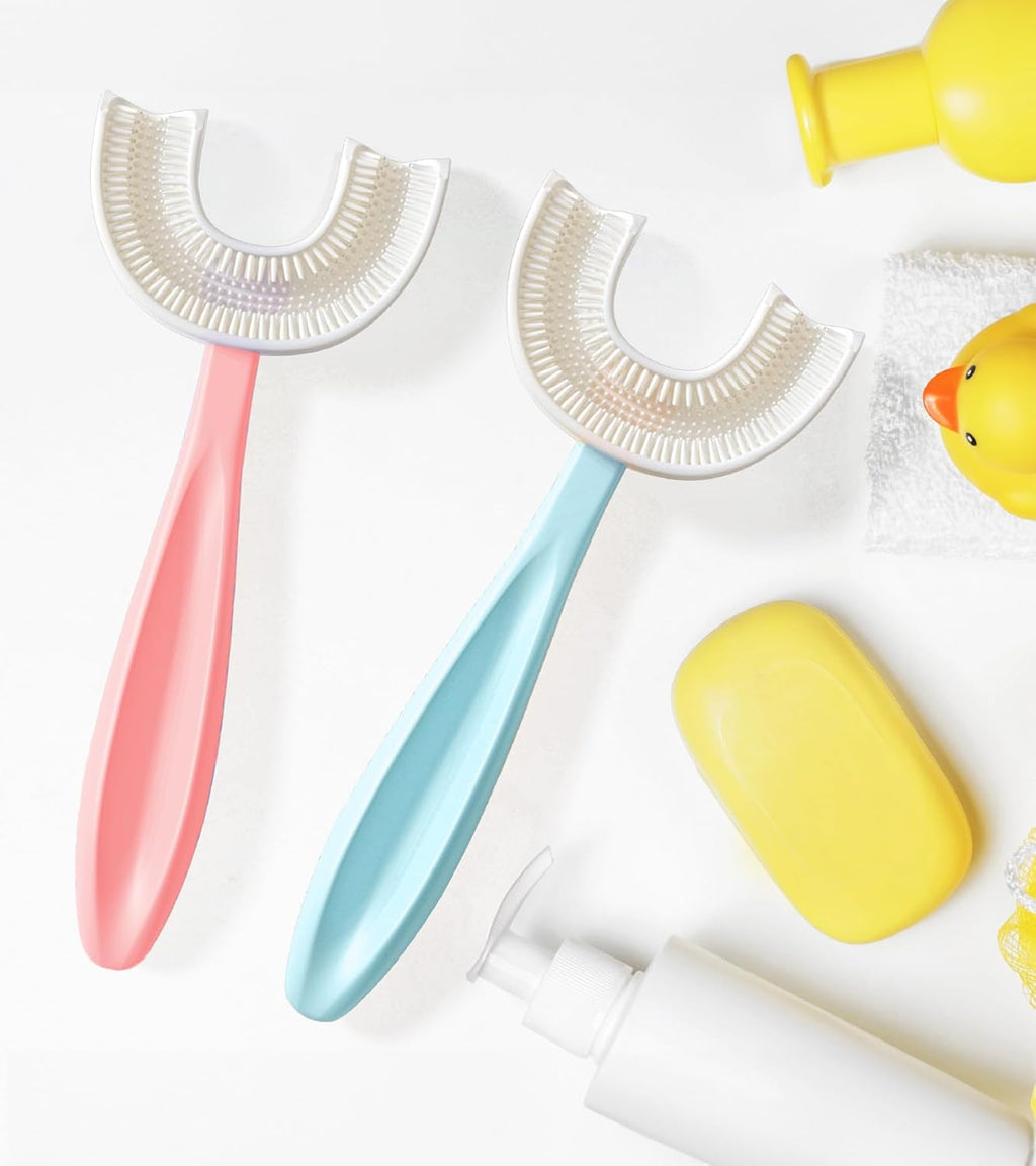 U Shaped Toothbrush Kids 6-12 Years - Two Soft Toothbrushes, Travel Case & Sensory Toothbrush - Rounded Kids Size Head - 1 Pink, 1 Blue