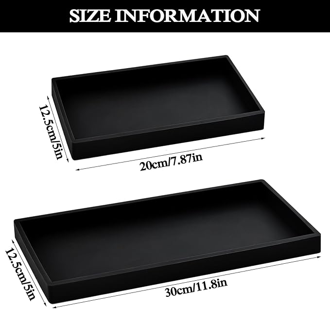 2PCS(7.87” L and 11.8” L) Silicone Soap Dispenser Tray, Kitchen soap Caddy countertop, Toilet, Black Tray for Scrubber, Lotion Bottles, Perfume, Jewelry, Candle, Key Trinket Ring-Black