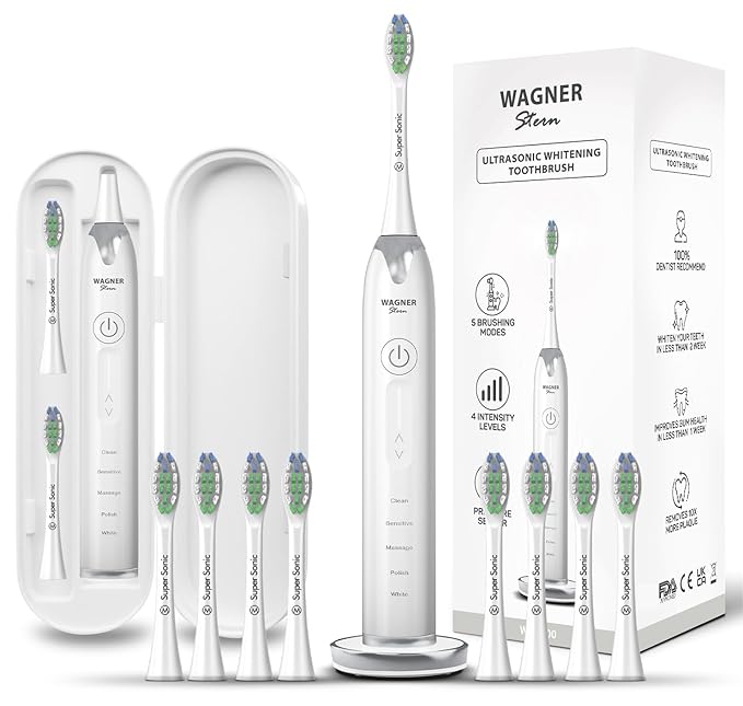 Wagner Stern Ultrasonic whitening Toothbrush with Pressure Sensor. 5 Brushing Modes and 4 Levels of Intensity, 8 Soft bristles, Travel case.
