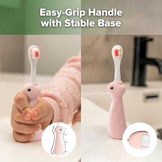 haakaa Dinosaur Toothbrush for Kids 2-4 – Soft Bristles Baby Toothbrush with Silicone Handle, Non-Slip Grip & Tongue Cleaner | BPA-Free, Fun Training for Toddlers - Pink, 1 Count