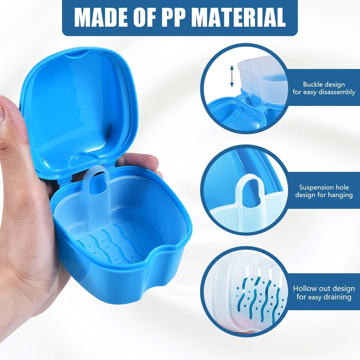 2 Pack Colors Denture Bath Case Cup Box Holder Storage Soak Container with Strainer Basket for Travel Cleaning (Light Blue and Black)