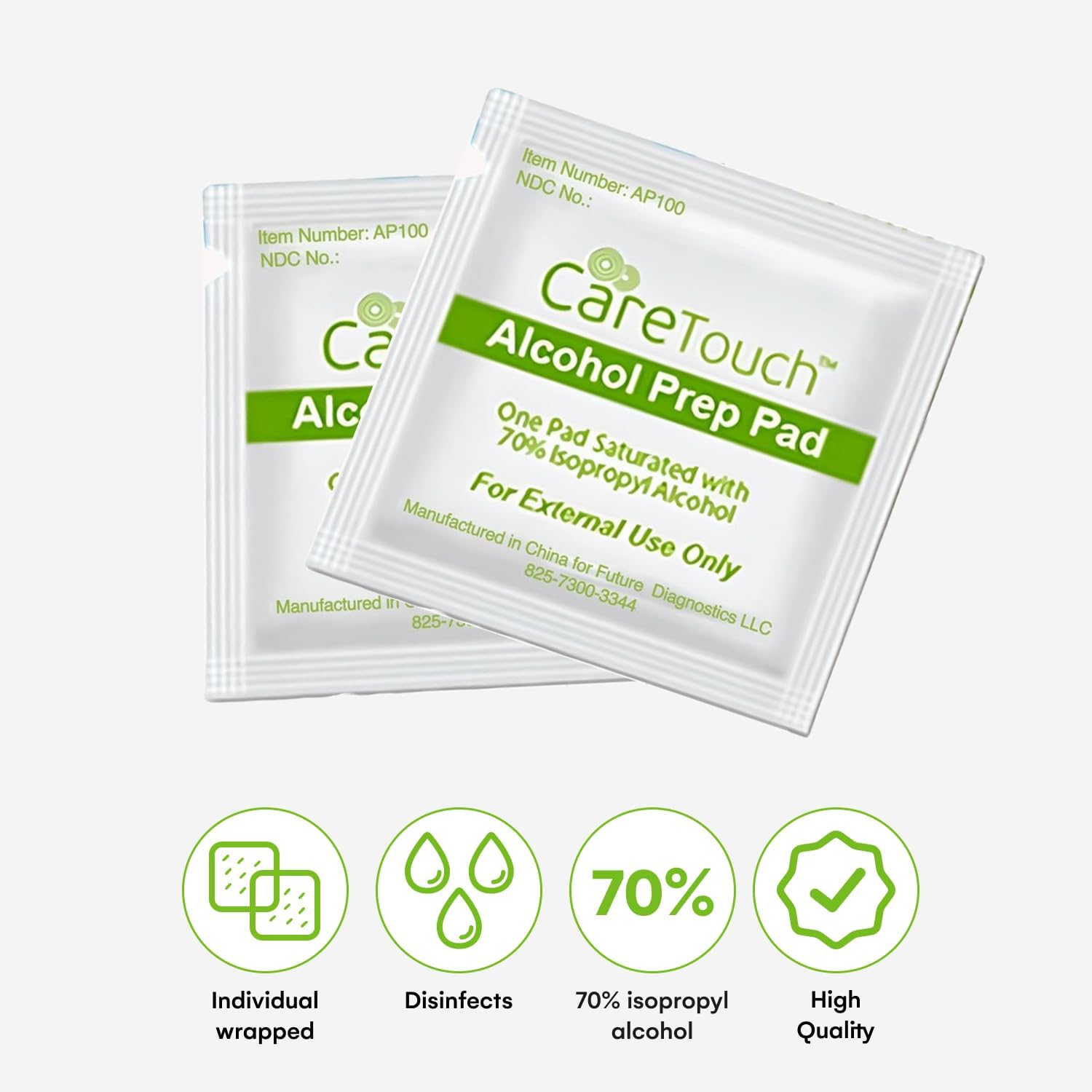 Care Touch 100-Pack Alcohol Wipes - Individually Wrapped Alcohol Prep Pads with 70% Isopropyl - Sterile 2-Ply Antiseptic Swabs for First Aid Kits, Cleaning, Travel and Everyday Use