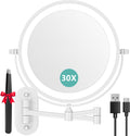1X/30X Wall Mounted Makeup Mirror with Light, 8" Rechargeable Double-Sided Magnifying Mirror, Vanity Mirror Dimmable 3 Color Light, 360° Extension Rotation Foldable 14.5 Inch Arm, White