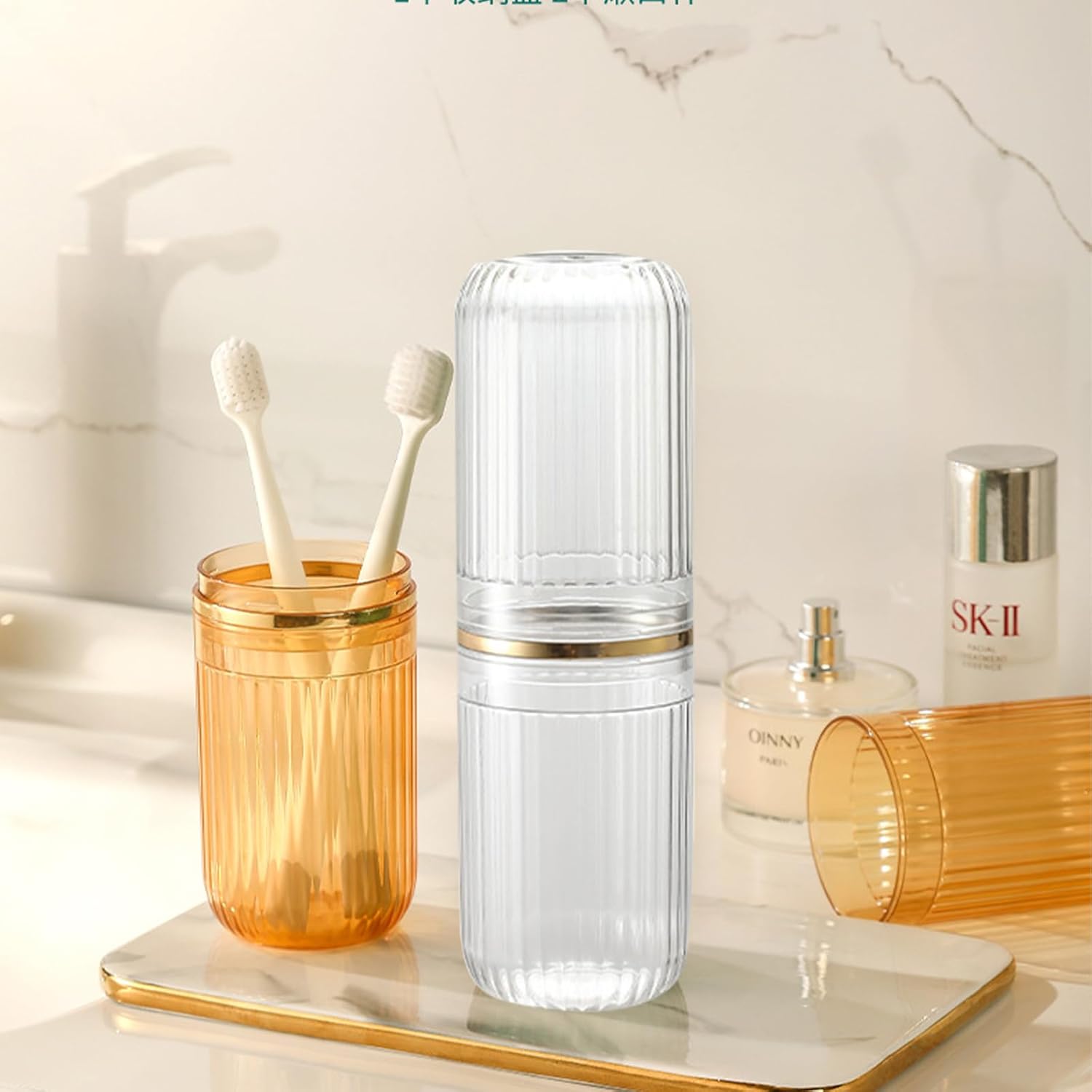 Travel Toothbrush Cup Case, Toothbrush Travel Container Portable Travel Toothbrush Holder Toothpaste Storage for School Camping Business Trip Bathroom (White,Gold)