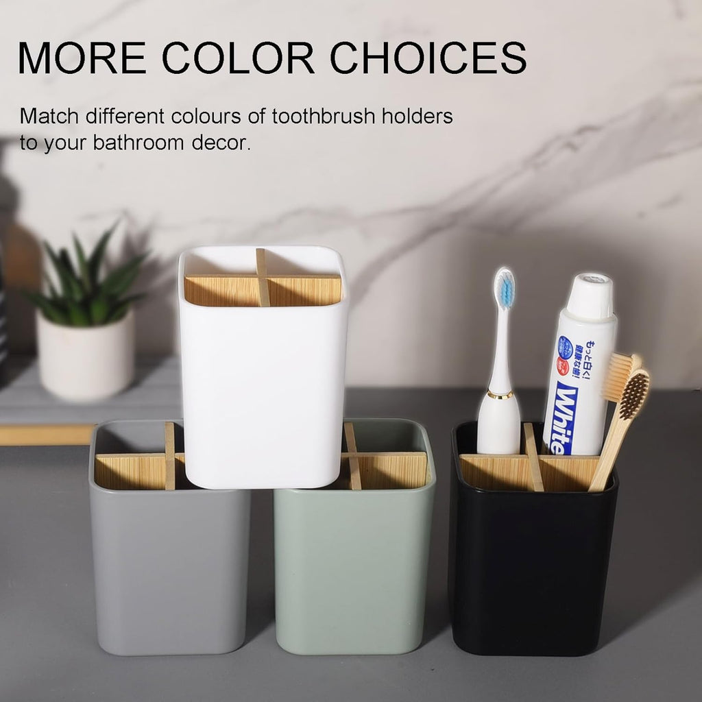 Bamboo Toothbrush Holder for Bathrooms, 4 Slots Toothbrush and Toothpaste Holder Bathroom Counter Organizer for Electric Toothbrushes, Floss, Razors - White
