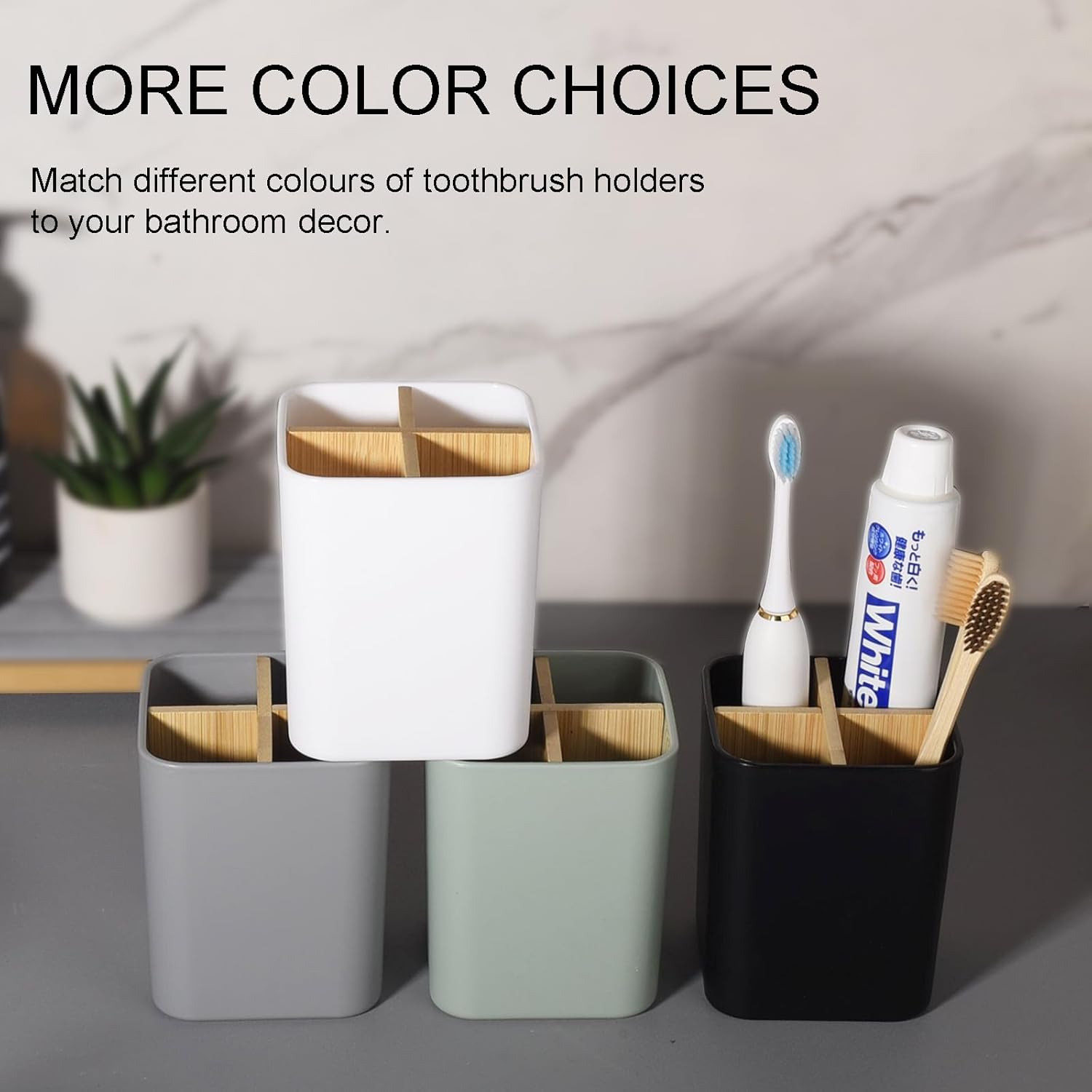 Bamboo Toothbrush Holder for Bathrooms, 4 Slots Toothbrush and Toothpaste Holder Bathroom Counter Organizer for Electric Toothbrushes, Floss, Razors - White