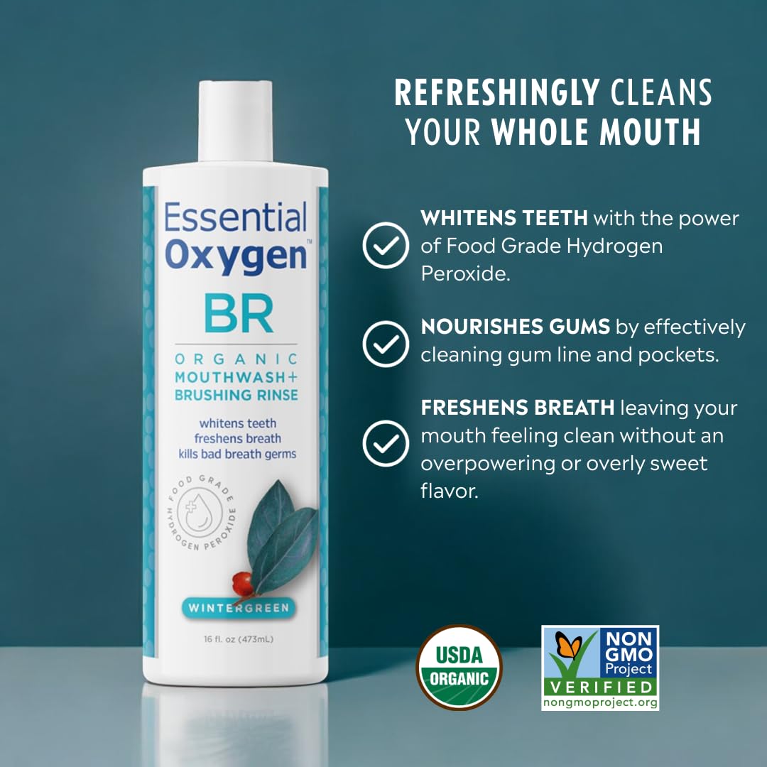 Essential Oxygen BR Certified Organic Brushing Rinse, All Natural Mouthwash for Whiter Teeth, Fresher Breath, and Happier Gums, Alcohol-Free Oral Care, Wintergreen, 2 Piece Set, 16 Oz