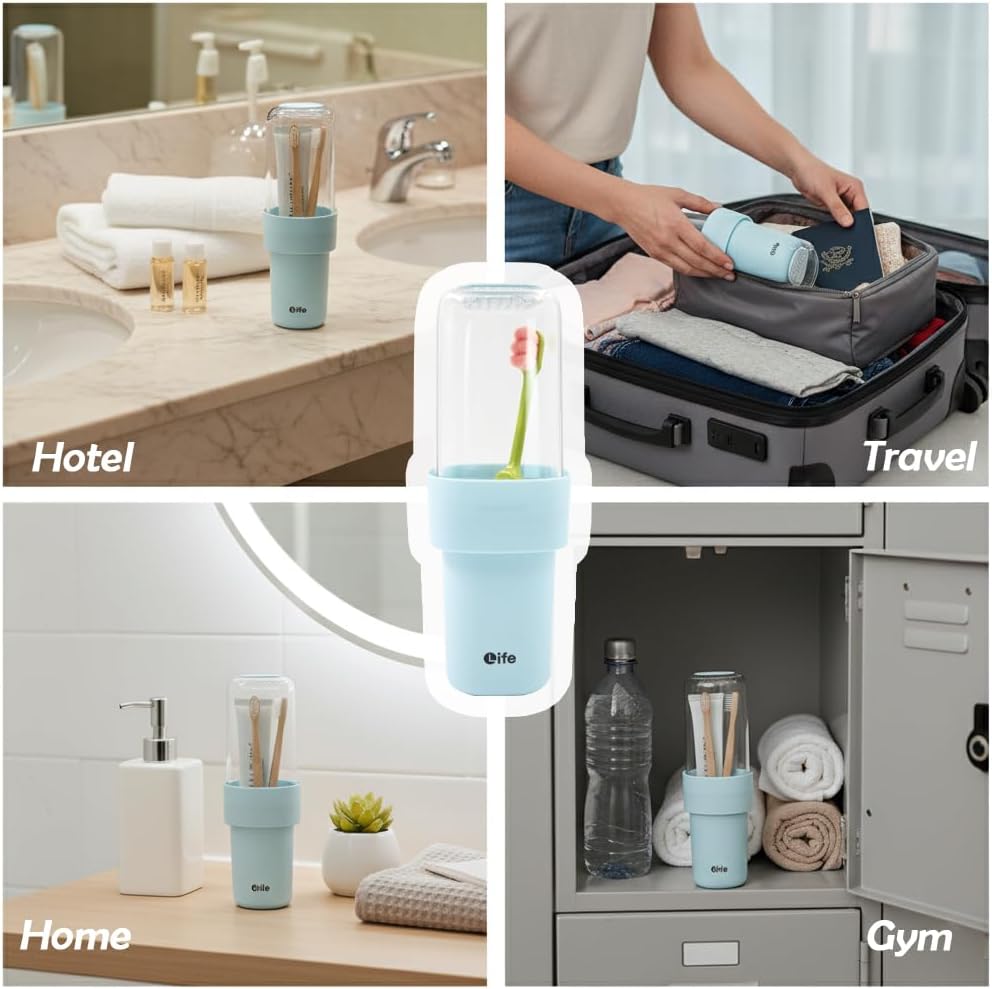Travel Toothbrush Holder, Covered Toothbrush Cup Holders, Toothbrush and Toothpaste Travel Case, Toothbrush Storage Organizer Container for Traveling Bathroom(Blue)