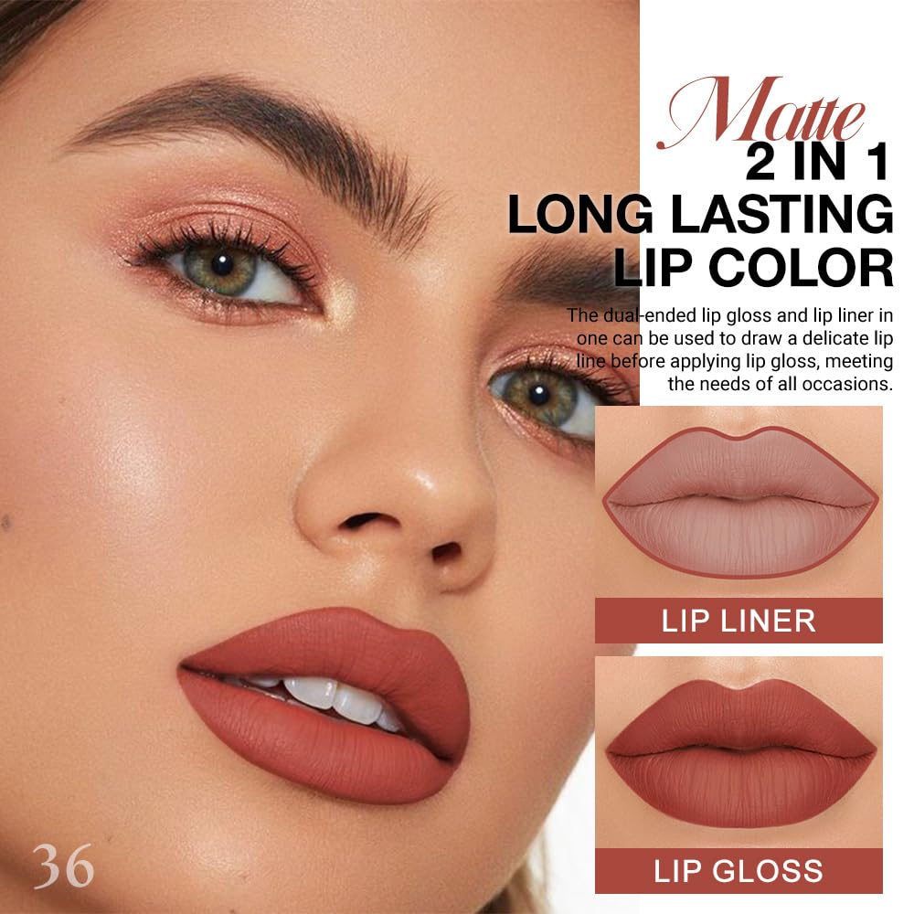 1Pcs 2 in 1 Reddish Brown Matte Lip Liner and Liquid Lipstick Stain Makeup Set for women, Long Lasting Smudge Proof Lip Tint Matte Finish Lip Gloss for All-Day Color Hold Easy to Use 36#