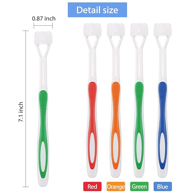 Boao 4 Pieces Toothbrush 3 Sided 7.1 Inch Autism Sensory Toothbrush 360 Degree Cleaning Travel Brush Complete Teeth Gum Care Angle Clean Tooth(Green, Blue, Yellow, Red)