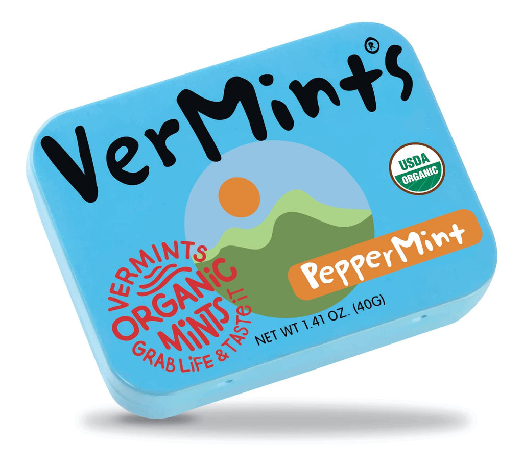 VerMints Organic Breath Mints PepperMint Candy Mints for Real Long-Lasting Flavor, Travel Size Tin - Non-GMO, Nut Free, Gluten Free, Vegan, Kosher Peppermints - 1.41oz Tins (Pack of 6)