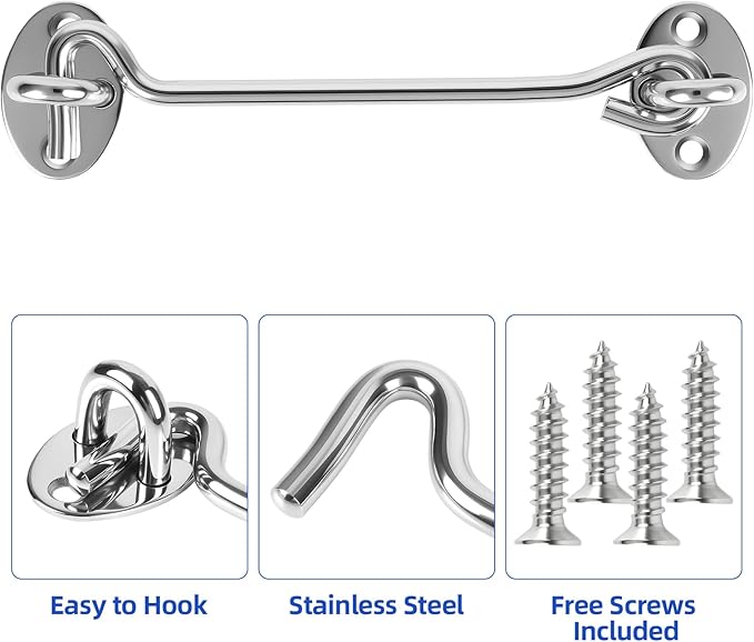 6" Silver Stainless Steel Gate Latch, Barn Door Lock with Screws, Privacy Hook for Inside Door, Fence, Window, 4 PCS