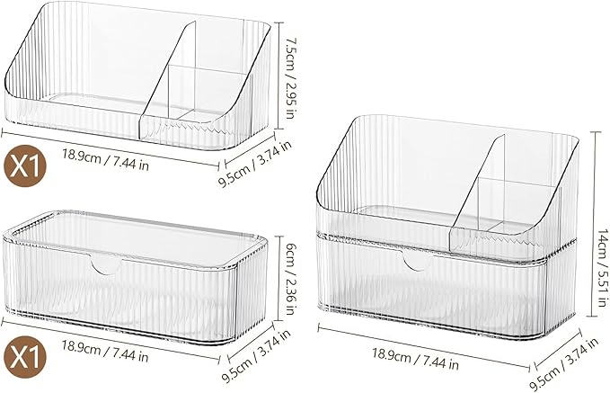 Medicine Cabinet Organizer 2 Tier, Stackable Bathroom Mirror Cabinet Storage，Small Makeup Organizers with 1 Drawer and 1 Tray for Wall Cabinet， Closet， Vanity, Countertop, Clear