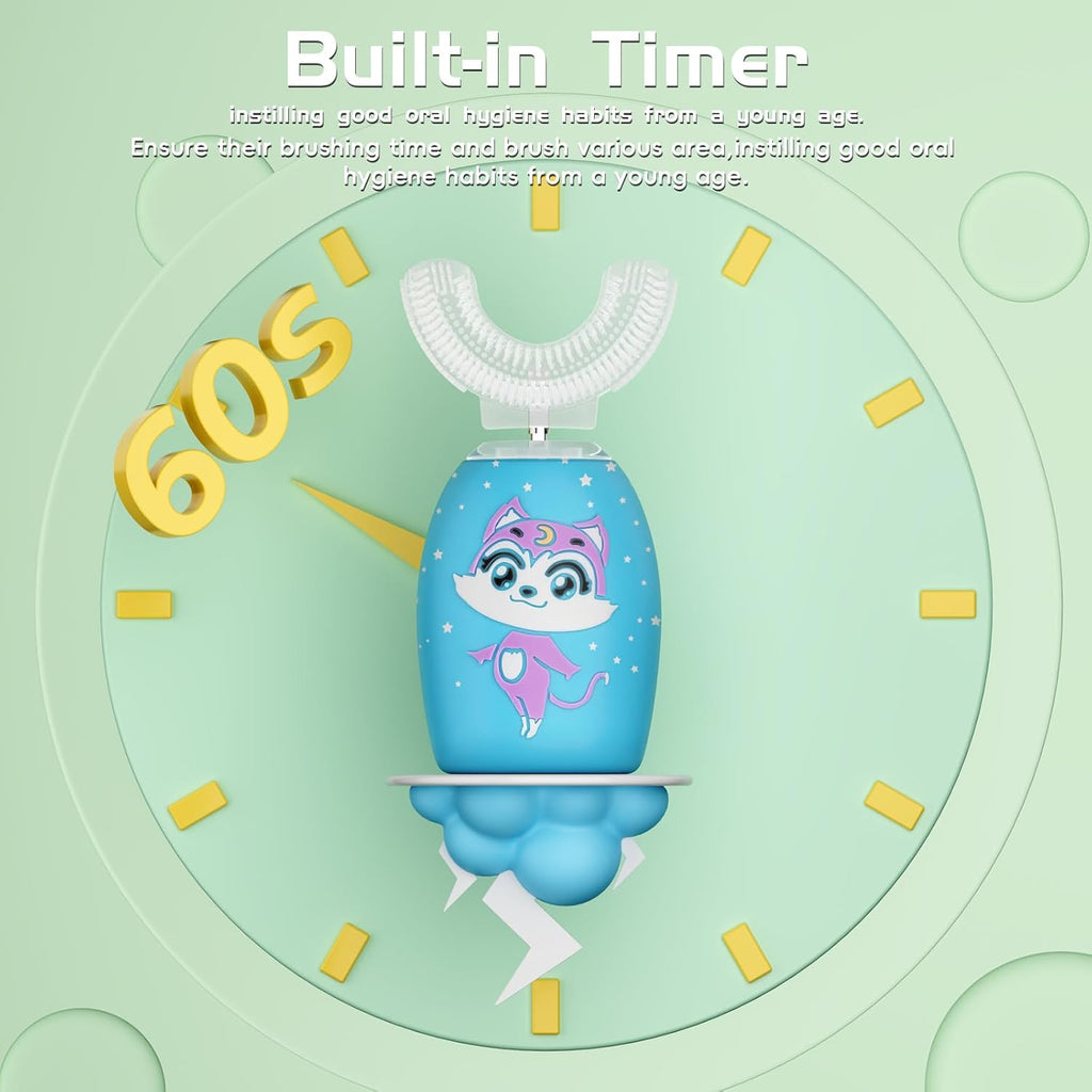 Kids U Shaped Electric Toothbrush with 4 Brush Heads, Rechargeable Toothbrush Kids with 2 Modes, Cartoon Cat 360-Degree Cleaning IPX7 Waterproof Design (Ages 2-12)