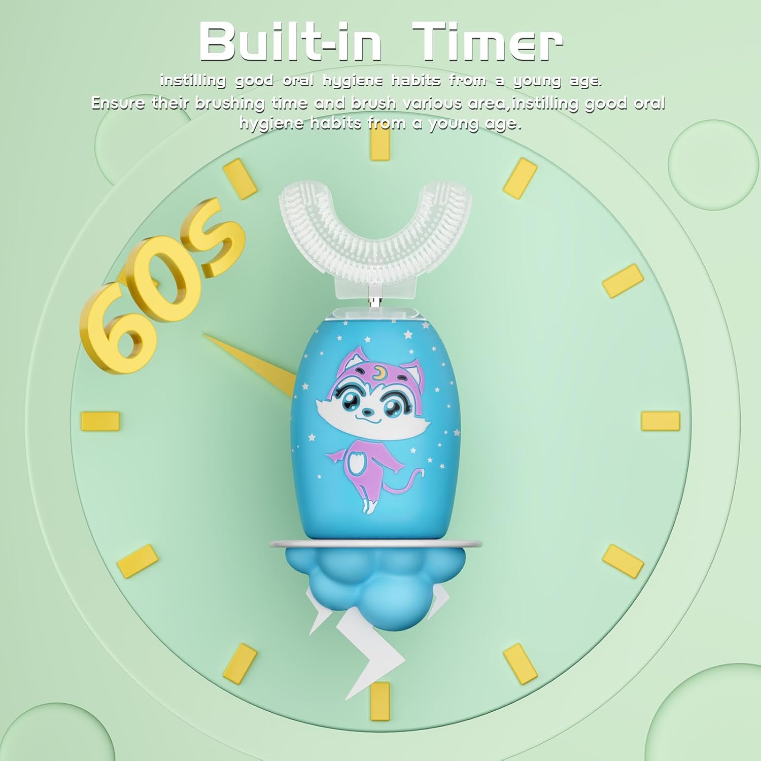 Kids U Shaped Electric Toothbrush Age 2-12, 360-Degree Ultra Quiet Whole Mouth Toothbrush,4 Brush Heads,2 Mode