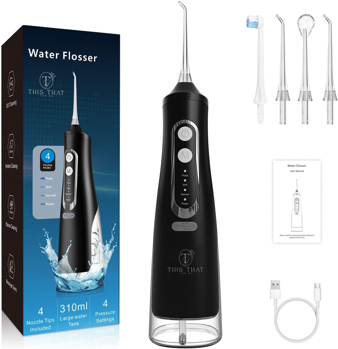 TTFM Electric Dental Water Flosser for Teeth Gums Braces, Dental Portable Oral Flosser, 4 Pressure Modes, 310ml Tank Capacity, Rechargeable IPX7 Waterproof Teeth Cleaner, Home Travel Waterflosser