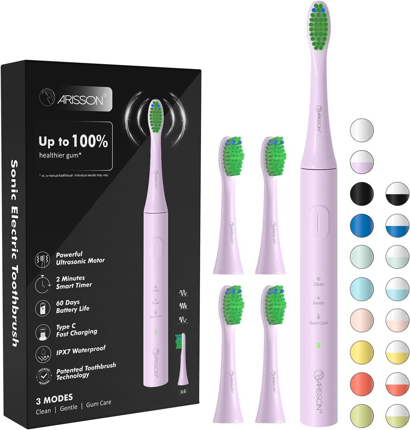 ARISSON Sonic Electric Toothbrush for Adults and Kids, 40,000 VPM Power Toothbrush, 1.5H Fast Charge Ultrasonic Electric Toothbrushes with 2 Minutes Smart Timer, Cotton Candy
