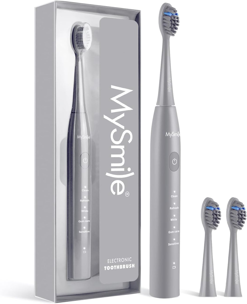 MySmile DY156 Electric Toothbrush for Adults, Rechargeable Sonic Battery Toothbrush Portable with 3 Brush Heads, 2 Mins 5 Modes Smart Timer, 45000VPM, One Charge for 60 Days – Gray