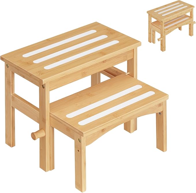HOOBRO Wooden Step Stool for Toddlers, 2-in-1 Step Stool for Kids, Retractable Bamboo Stool with Anti-Slip Surface, for Bathroom Sink, Potty Training, Easy Assembly, Natural and White YL20JD01