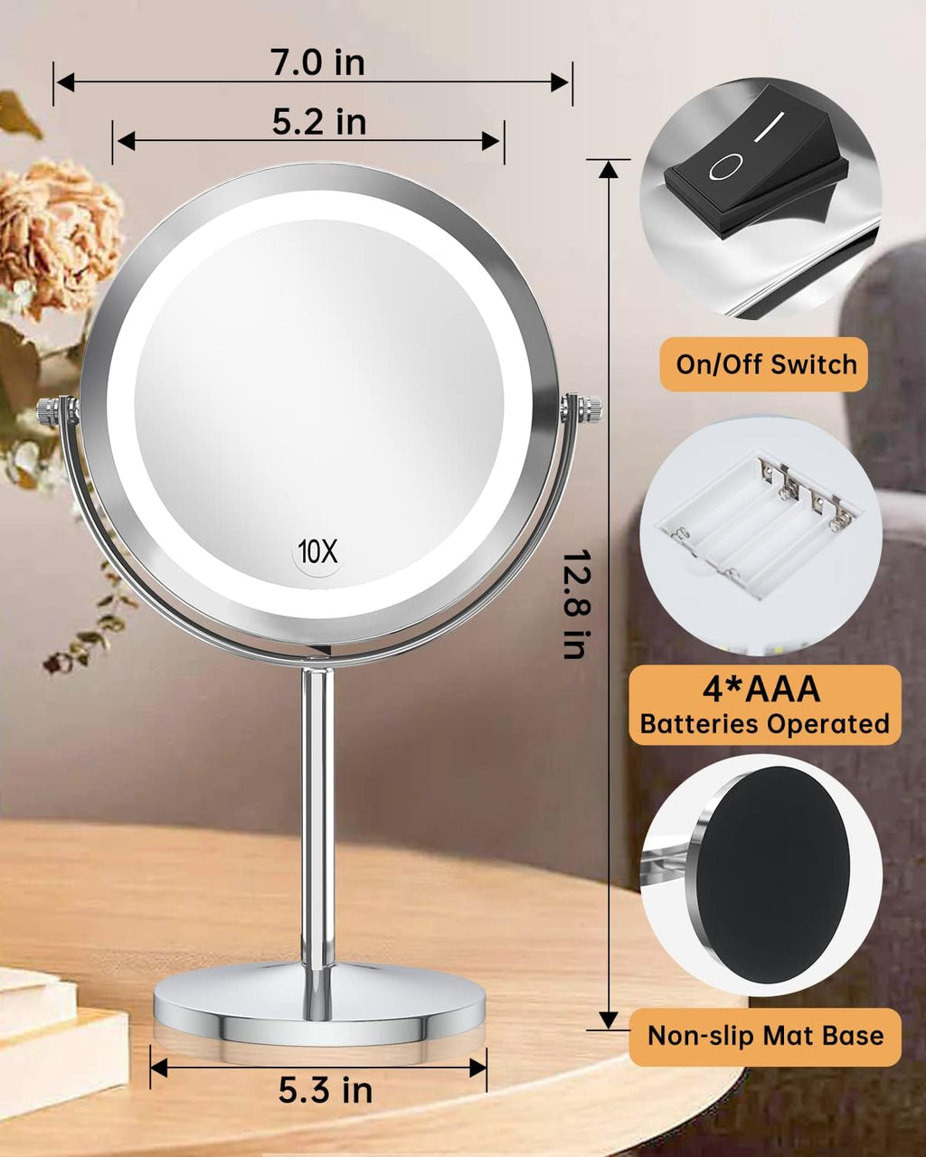 1X/10x Magnified Lighted Makeup Mirror Double Sided Round Magnifying Mirror Standing 360 Degree Swivel Vanity Mirror Battery Operated 7 Inch Diameter Shaving Bathroom Mirror