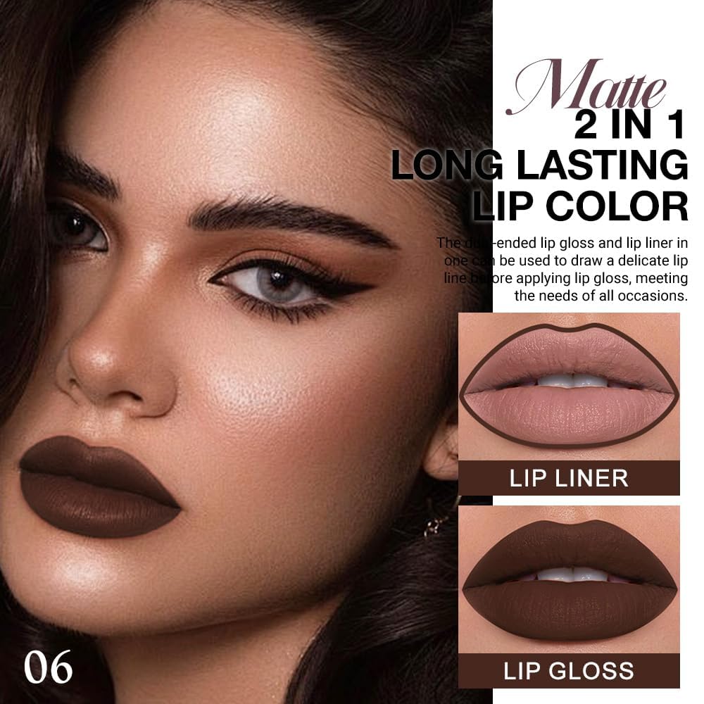 1Pcs 2 in 1 Dark Deep Brown Chocolate Matte Lip Liner and Liquid Lipstick Stain Makeup Set for women, Long Lasting Smudge Proof Lip Tint Matte Finish Lip Gloss for All-Day Color Hold Easy to Use 06#