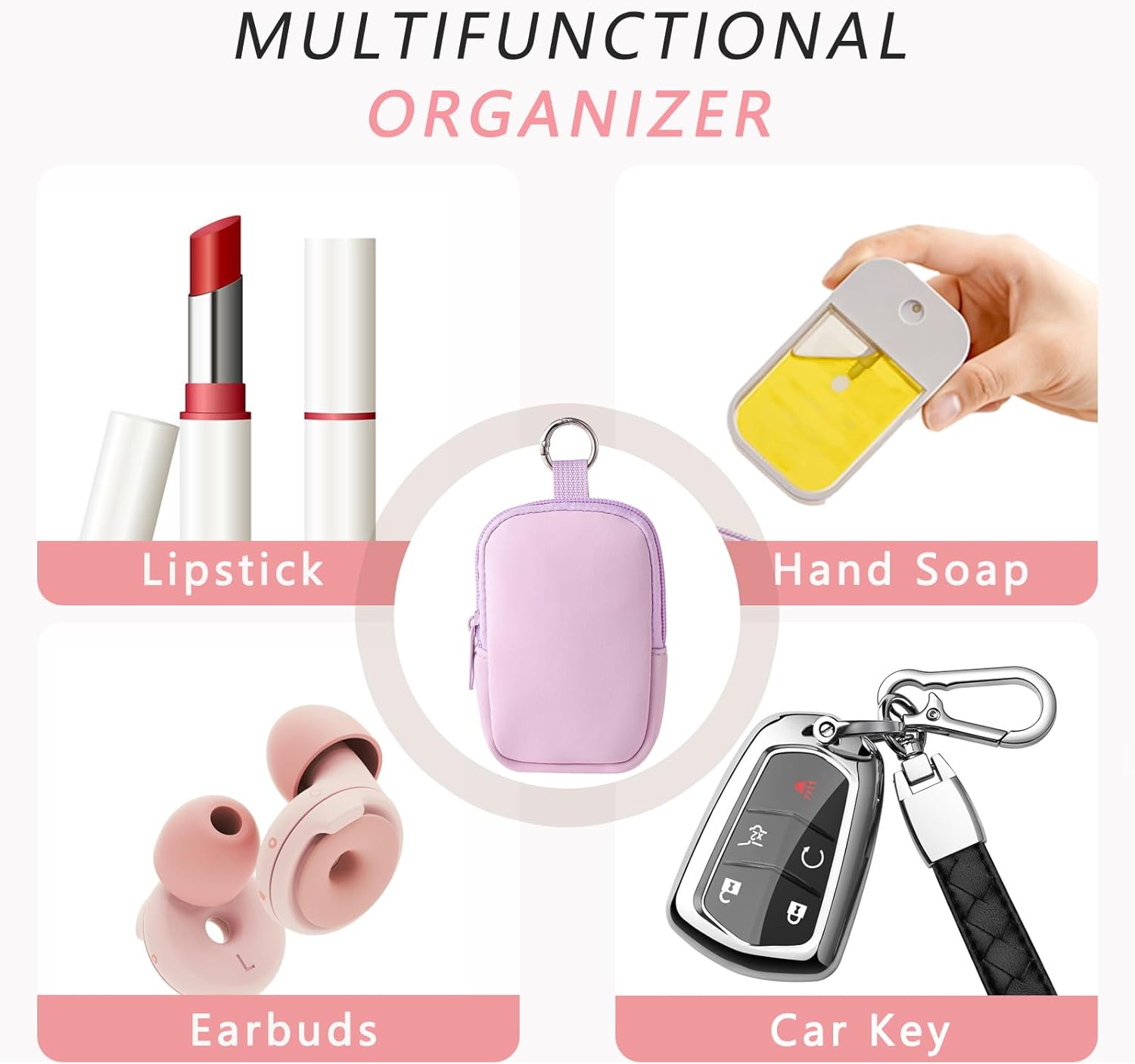 2Pcs Small Makeup Bag, Mini Portable Travel Cosmetic Bag, Soft Neoprene Makeup Pouch with Zipper, Fashion Accessory with Snap Hook, Cute Coin Purse Lipstick Cosmetic Travel Organizer(Black+ Purple)