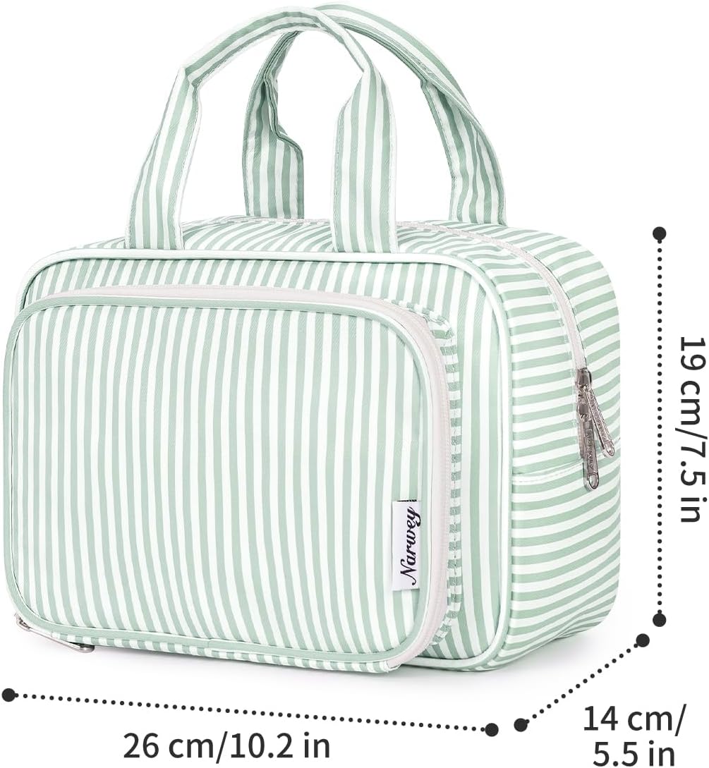 Narwey Large Travel Toiletry Bag for Traveling Women, Cosmetic Makeup Bag Make Up Organizer, Striped Travel Bag for Toiletries with Handle (Mint Green Stripe)