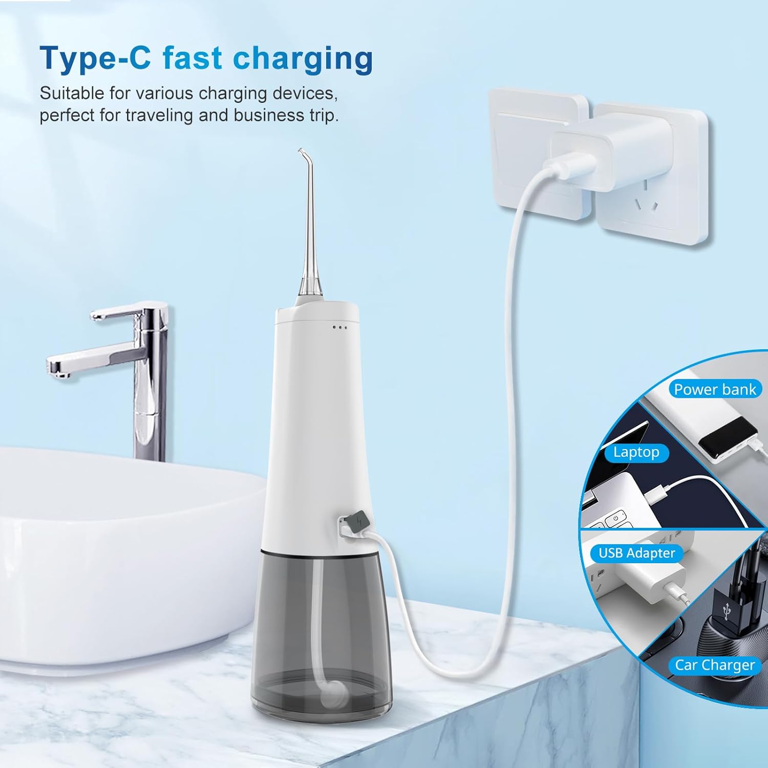 Water Dental Flosser Oral irrigator,JNGOODS 300ml Rechargeable Water flosser for Teeth IPX7 Waterproof 9 Modes Portable Oral Irrigator LED Display with 4 Jet Tips, Travel Home use (White)