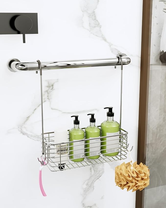 Over Door Shower Caddy, Stainless Steel Bathroom Organizer with Rotating Hooks, Hanging Storage Basket for Shampoo