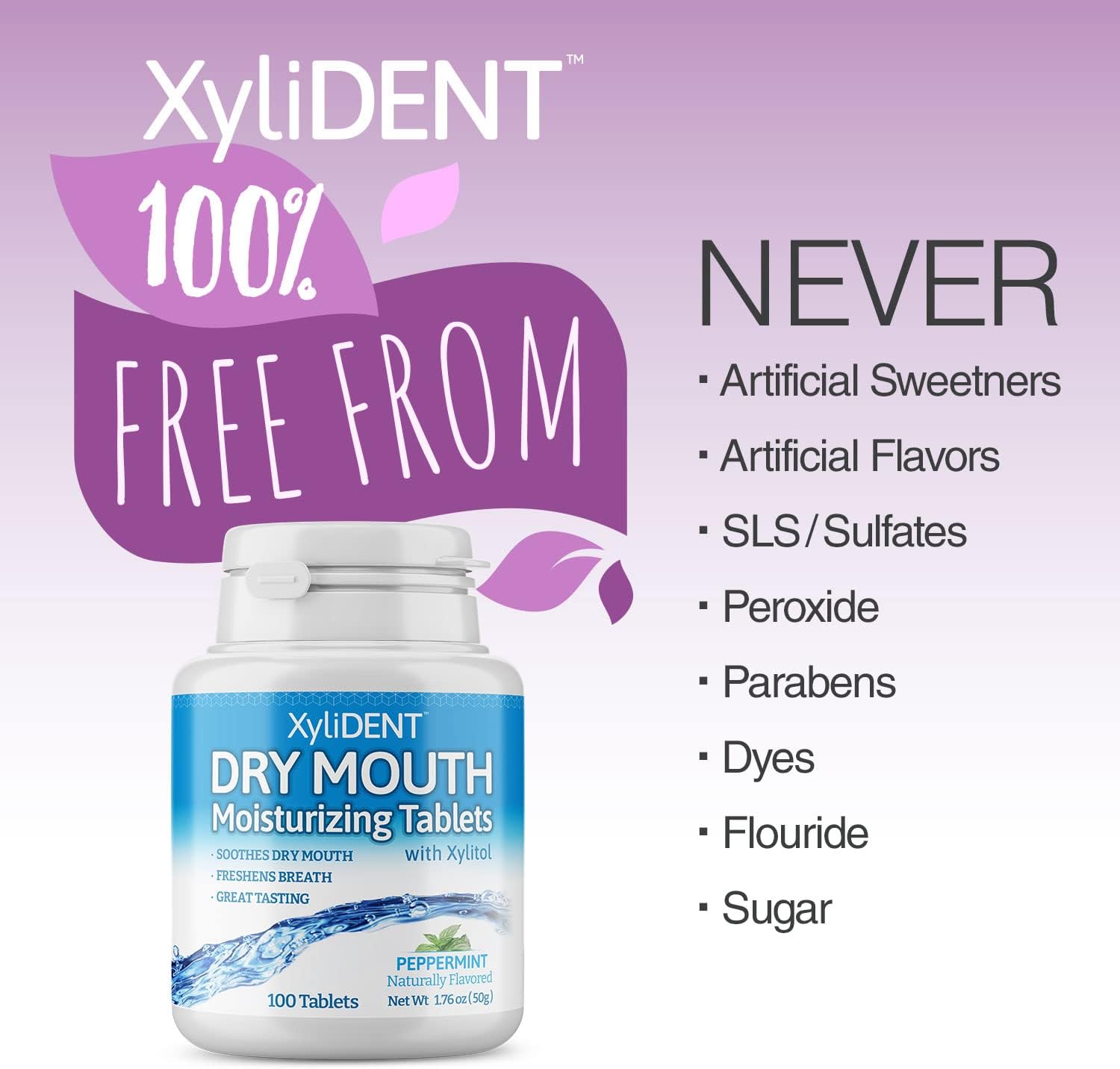 Nature's Stance XyliDENT Xylitol Tablets for Dry Mouth Relief - Stimulates Saliva, Freshens Breath, Reduces Acid Production, Fast Acting Relief, 100 Count (Peppermint) (Pack of 2)