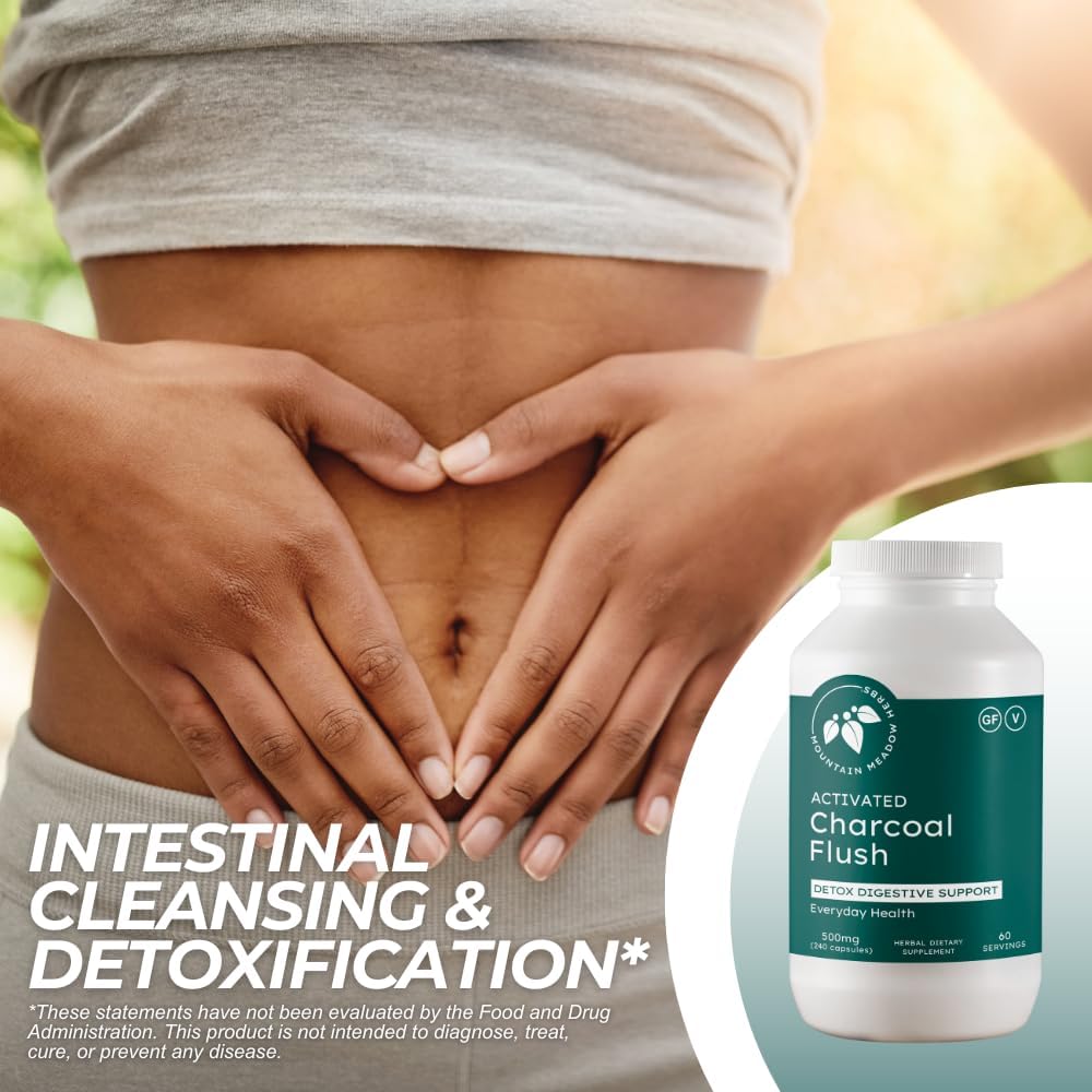 Mountain Meadow Herbs Activated Charcoal Flush – Natural Detox Cleanse Supplement for Digestion, Gas Relief, and Bloating Support – Activated Charcoal Capsules for Internal Cleansing 240ct