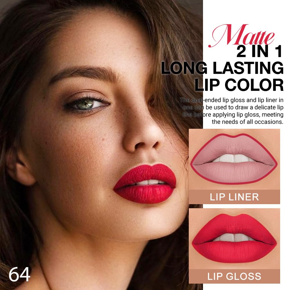 1Pcs 2 in 1 Fire Red Matte Lip Liner and Liquid Lipstick Stain Makeup Set for women, Fire Red Long Lasting Smudge Proof Lip Tint Matte Finish Lip Gloss for All-Day Color Hold Easy to Use 64#