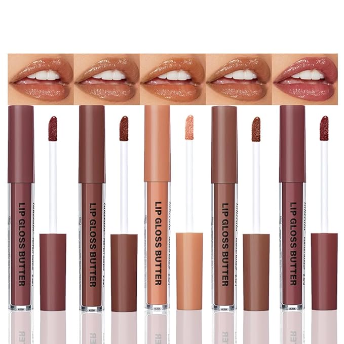 5 Pc Honey Butter Lip Stain Set, Tinted Lip Oil Gloss, Moisturizing Hydrating Plumper Liquid Lipstick Lip Blam for Women, Lightweight Lip Liner Effect, Vegan Brown Nude & Berry Mauve (#1 #4 #7 #8 #12)