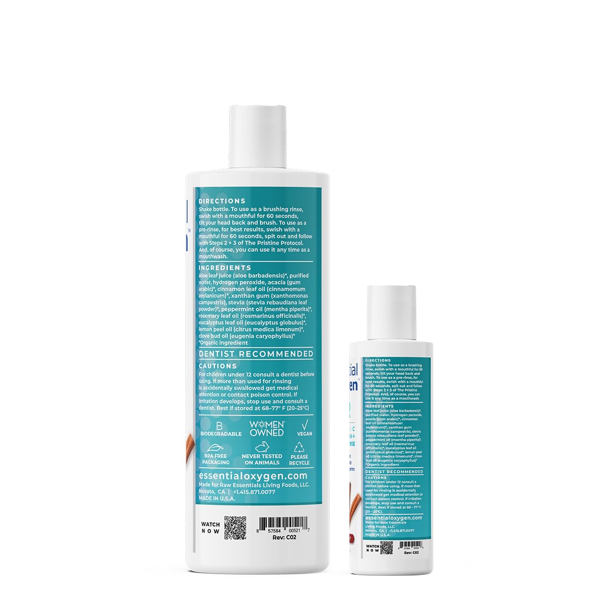 Essential Oxygen BR Certified Organic Brushing Rinse, All Natural Mouthwash for Whiter Teeth, Fresher Breath, and Happier Gums, Alcohol-Free Oral Care, Cinnamint, 2 Piece Set, 16 Oz
