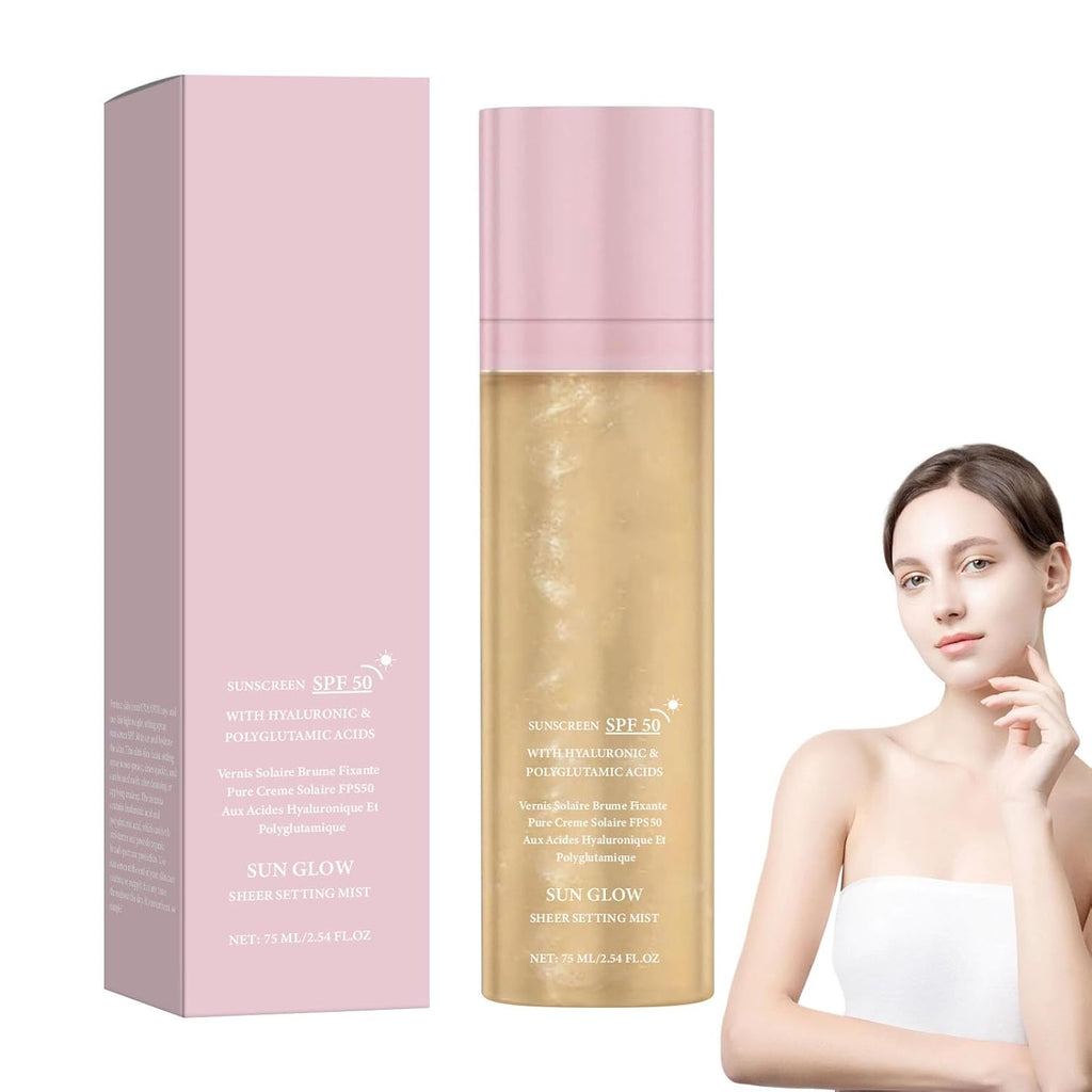 Sheer Setting Mist Sunscreen SPF 50 for Face & Body, Broad Spectrum Shimmering Body Oil Mist, Hydrating Makeup Friendly Glow Spray, Non-Greasy, Fast-Absorbing, Waterproof Long Lasting